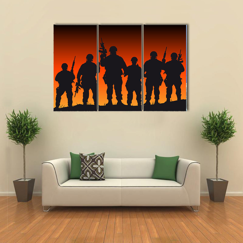 Silhouette Vector Presentation Of Soldiers Against The Sunset Multi Panel Canvas Wall Art