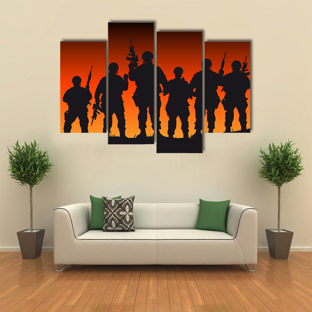 Silhouette Vector Presentation Of Soldiers Against The Sunset Multi Panel Canvas Wall Art