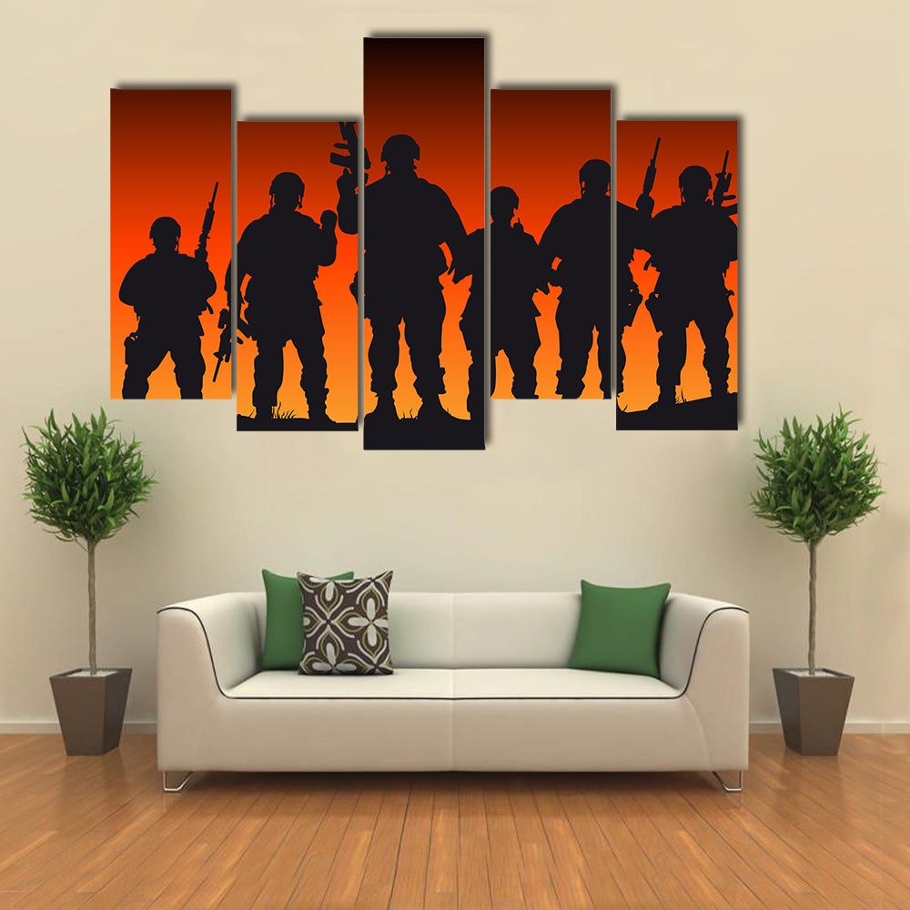 Silhouette Vector Presentation Of Soldiers Against The Sunset Multi Panel Canvas Wall Art
