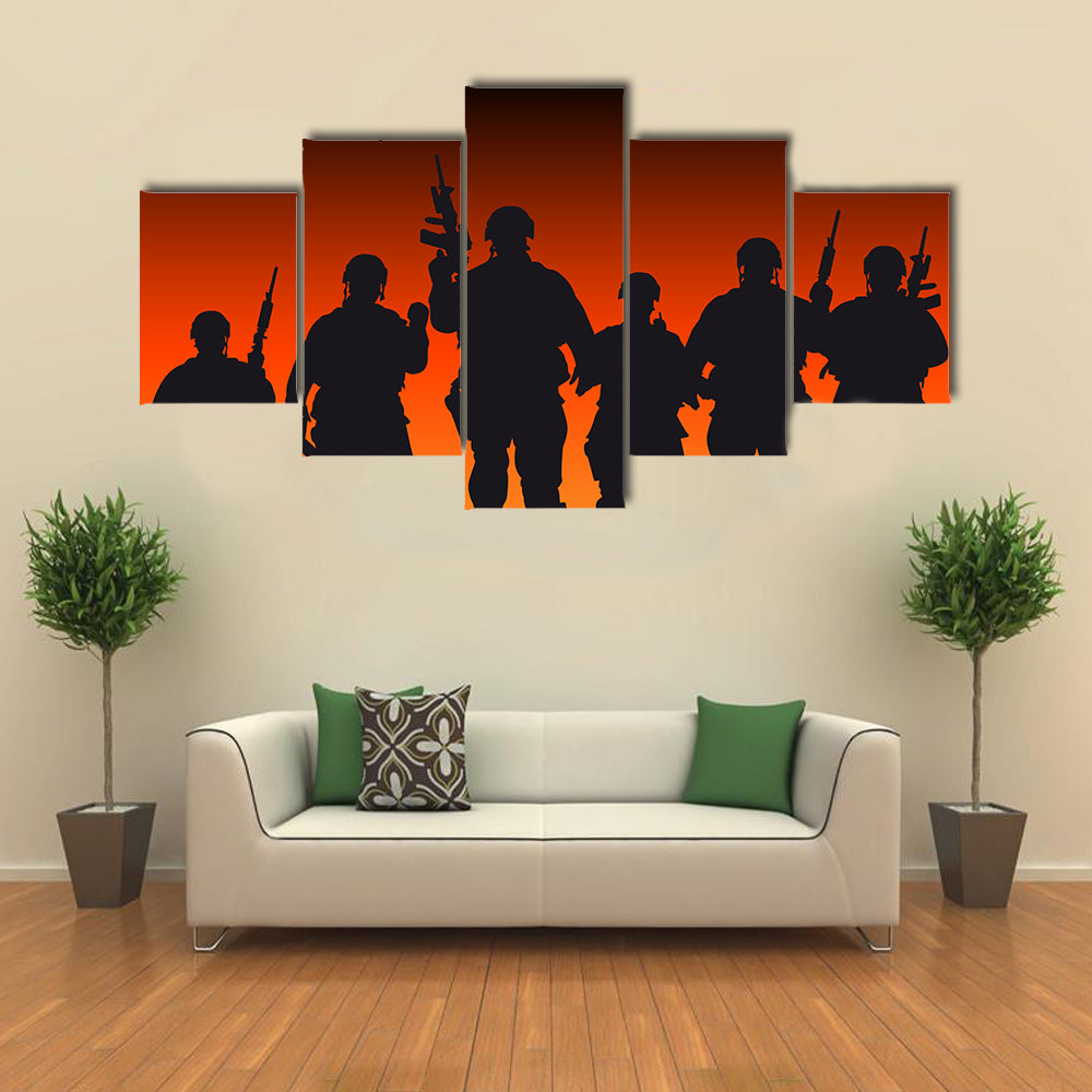 Silhouette Vector Presentation Of Soldiers Against The Sunset Multi Panel Canvas Wall Art