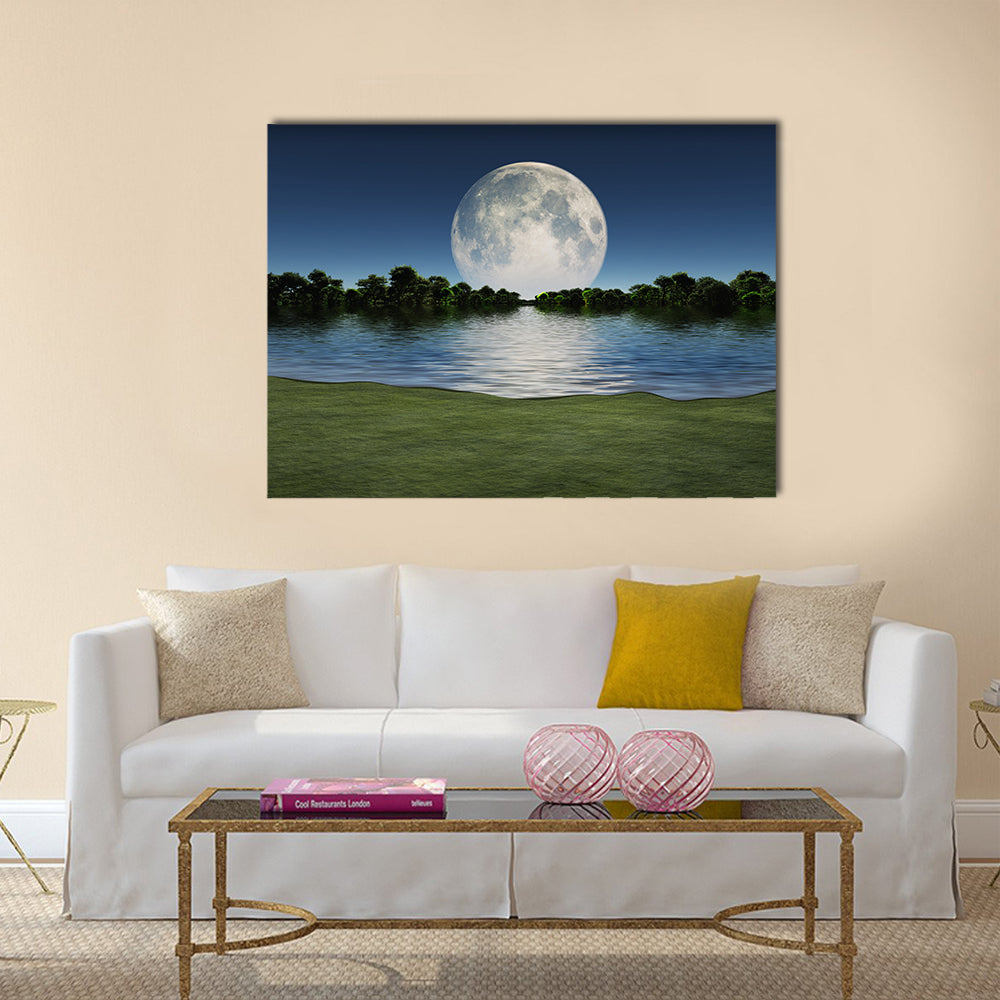 Moonrise over Lake Multi Panel Canvas Wall Art