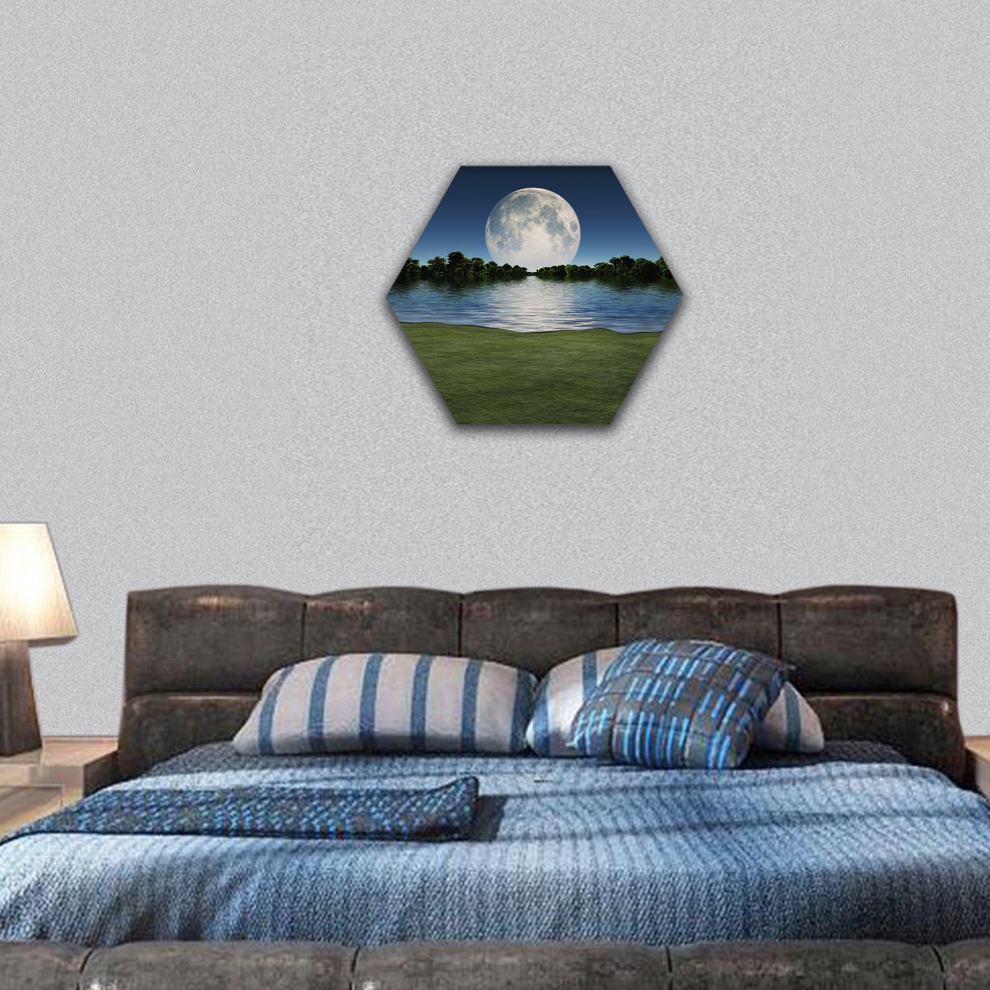 Moonrise over Lake hexagonal canvas wall art