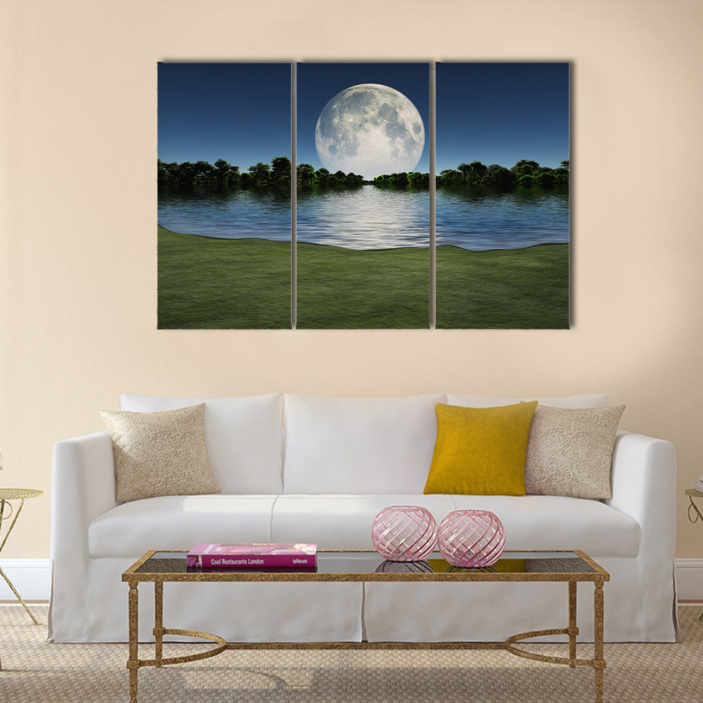 Moonrise over Lake Multi Panel Canvas Wall Art