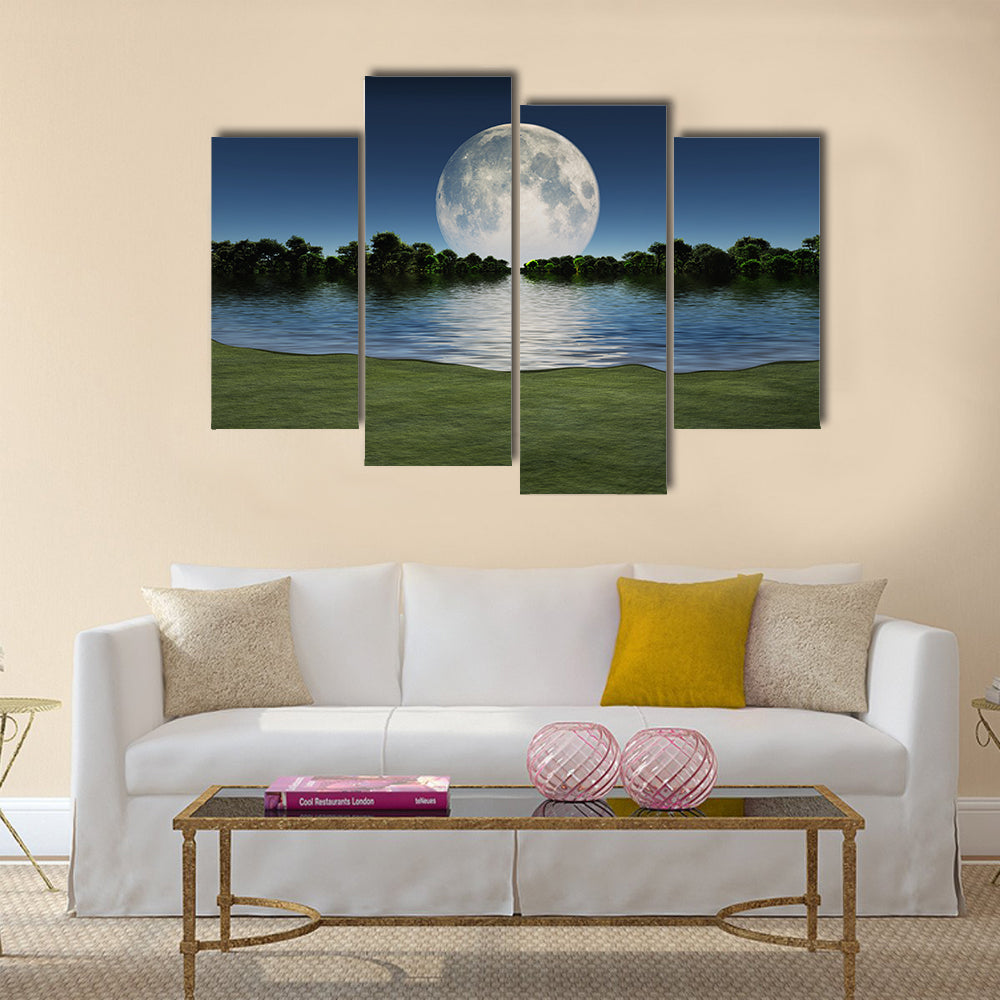 Moonrise over Lake Multi Panel Canvas Wall Art