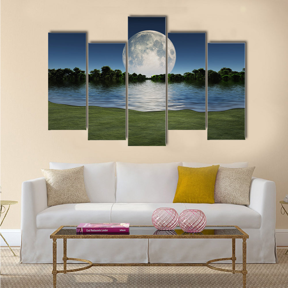 Moonrise over Lake Multi Panel Canvas Wall Art