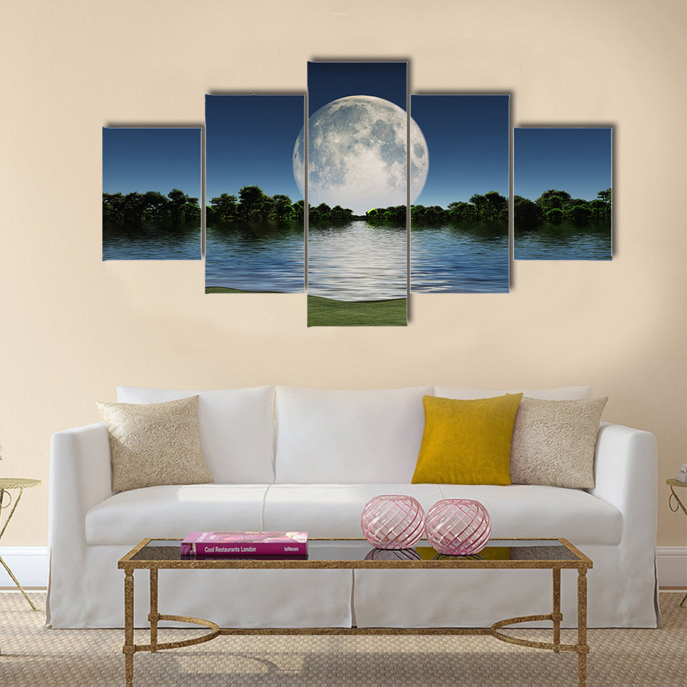 Moonrise over Lake Multi Panel Canvas Wall Art
