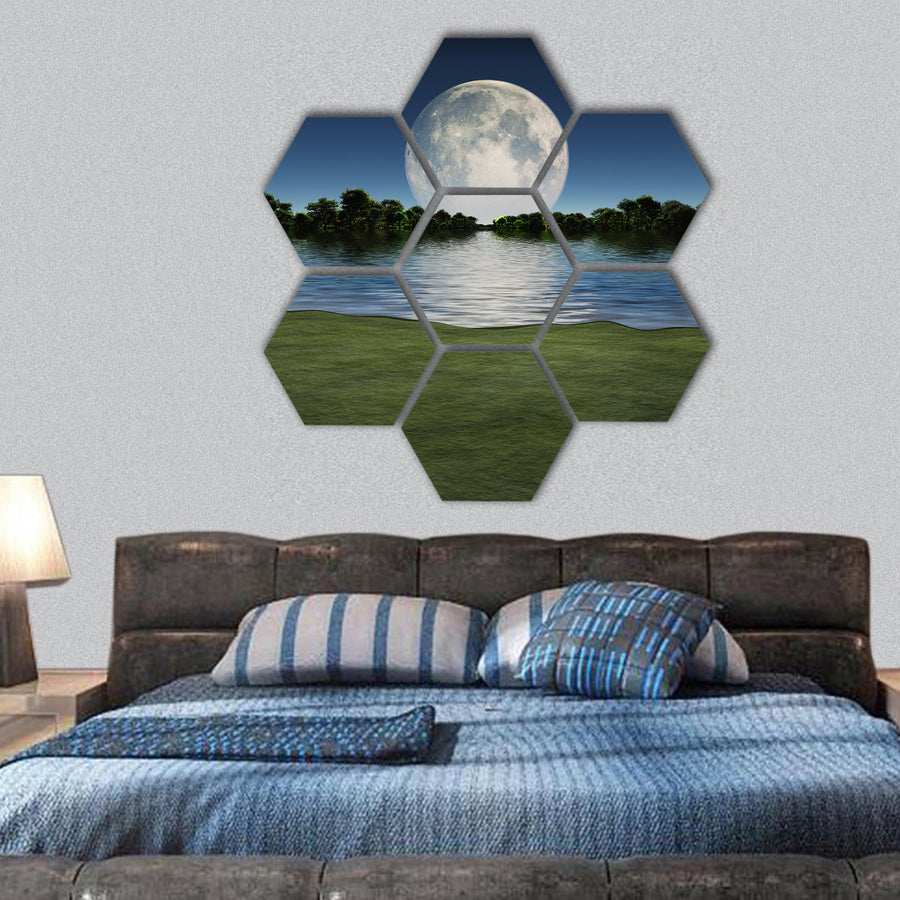 Moonrise over Lake hexagonal canvas wall art