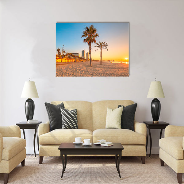 Barceloneta Beach in Barcelona with colorful sky at sunrise Multi panel canvas wall art