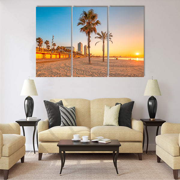 Barceloneta Beach in Barcelona with colorful sky at sunrise Multi panel canvas wall art