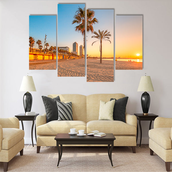 Barceloneta Beach in Barcelona with colorful sky at sunrise Multi panel canvas wall art