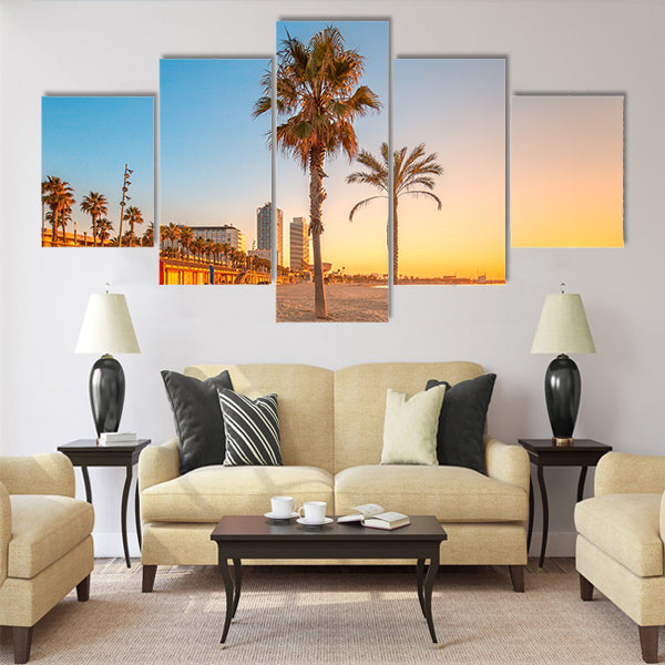 Barceloneta Beach in Barcelona with colorful sky at sunrise Multi panel canvas wall art