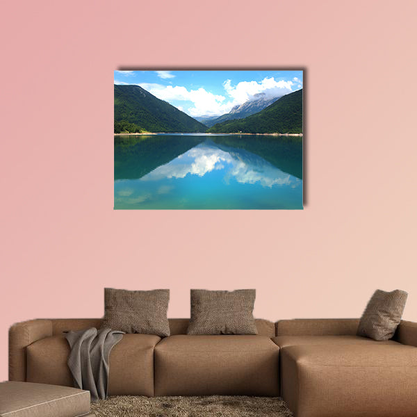 Beautiful view of high blue mountain lake multi panel canvas wall art