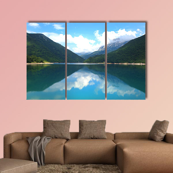 Beautiful view of high blue mountain lake multi panel canvas wall art