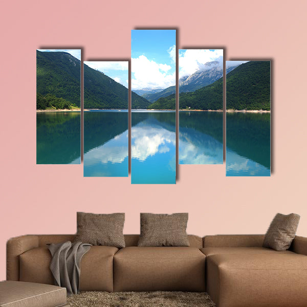 Beautiful view of high blue mountain lake multi panel canvas wall art