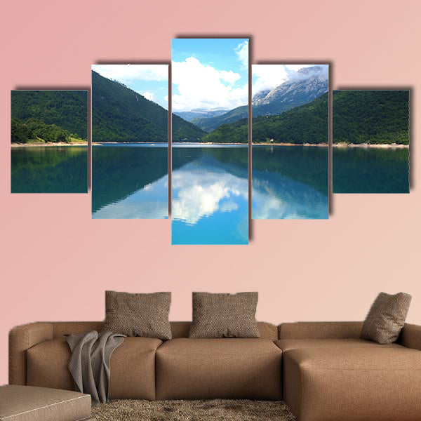 Beautiful view of high blue mountain lake multi panel canvas wall art