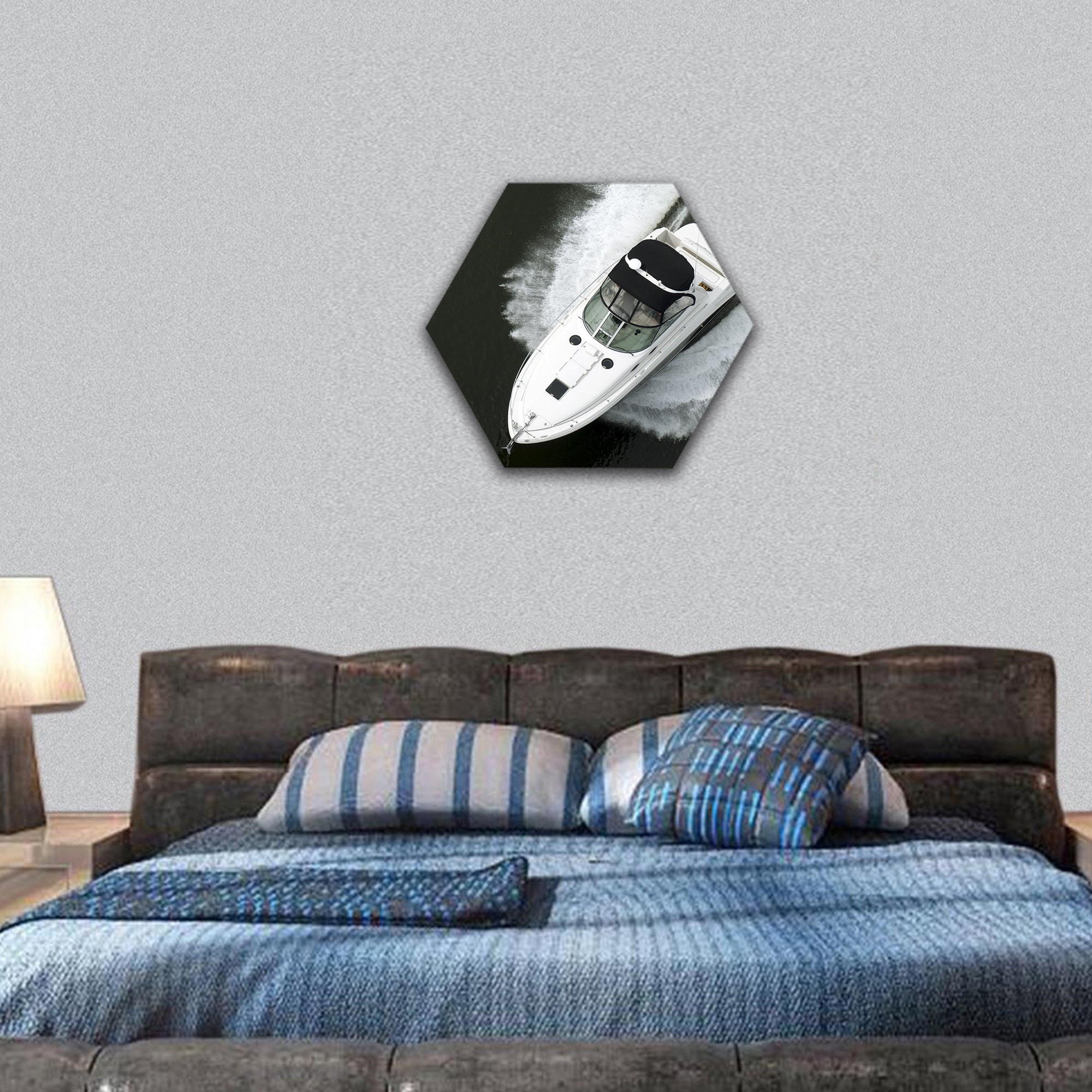 Black and white speedboat shot hexagonal canvas wall art