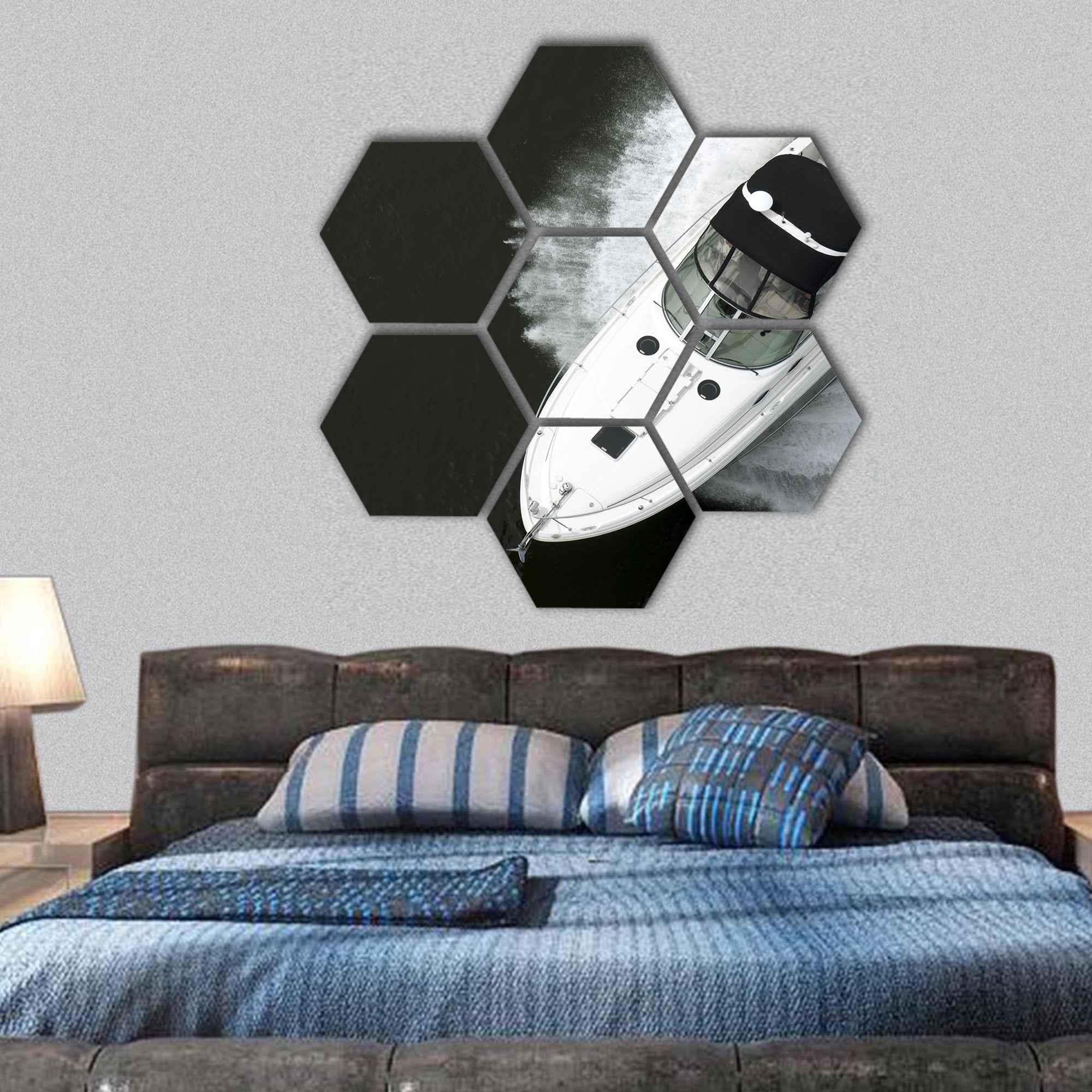 Black and white speedboat shot hexagonal canvas wall art