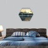 Science fiction island city with metallic ring structures hexagonal canvas wall art