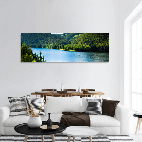 Landscape with a lake in the mountains and pine forests panoramic canvas wall art