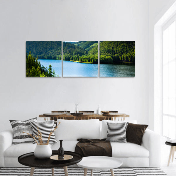 Landscape with a lake in the mountains and pine forests panoramic canvas wall art