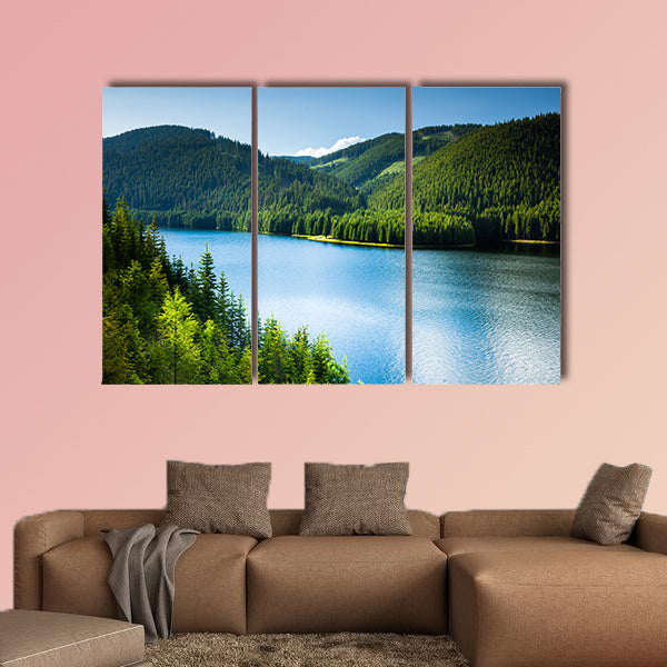 Landscape with a lake in the mountains and pine forests, multi panel canvas wall art
