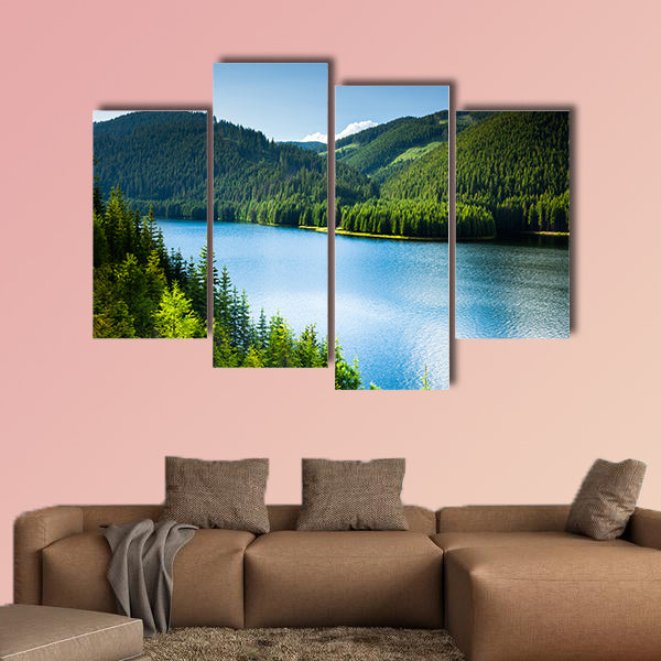 Landscape with a lake in the mountains and pine forests, multi panel canvas wall art