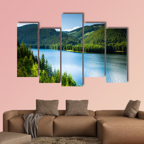 Landscape with a lake in the mountains and pine forests, multi panel canvas wall art