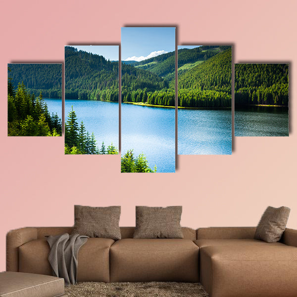 Landscape with a lake in the mountains and pine forests, multi panel canvas wall art