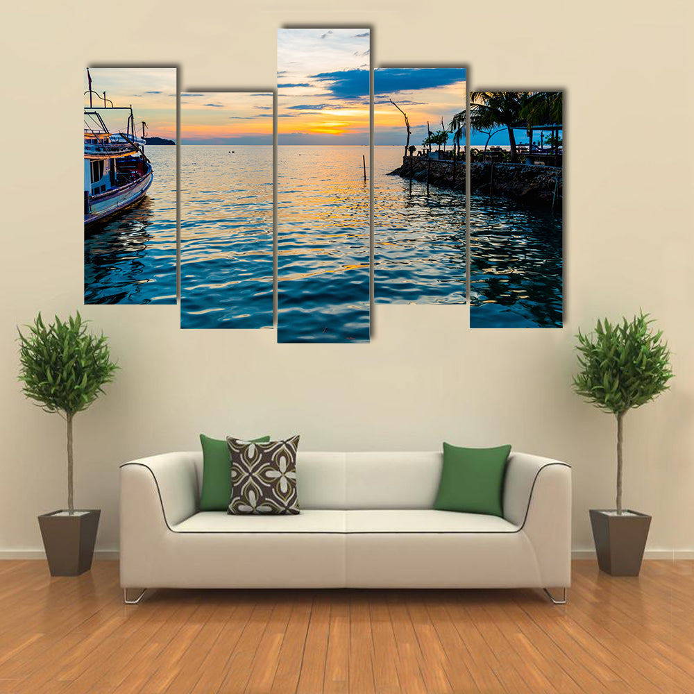 A Tropical Beach At Sunset Along With A Natural Background Multi Panel Canvas Wall Art