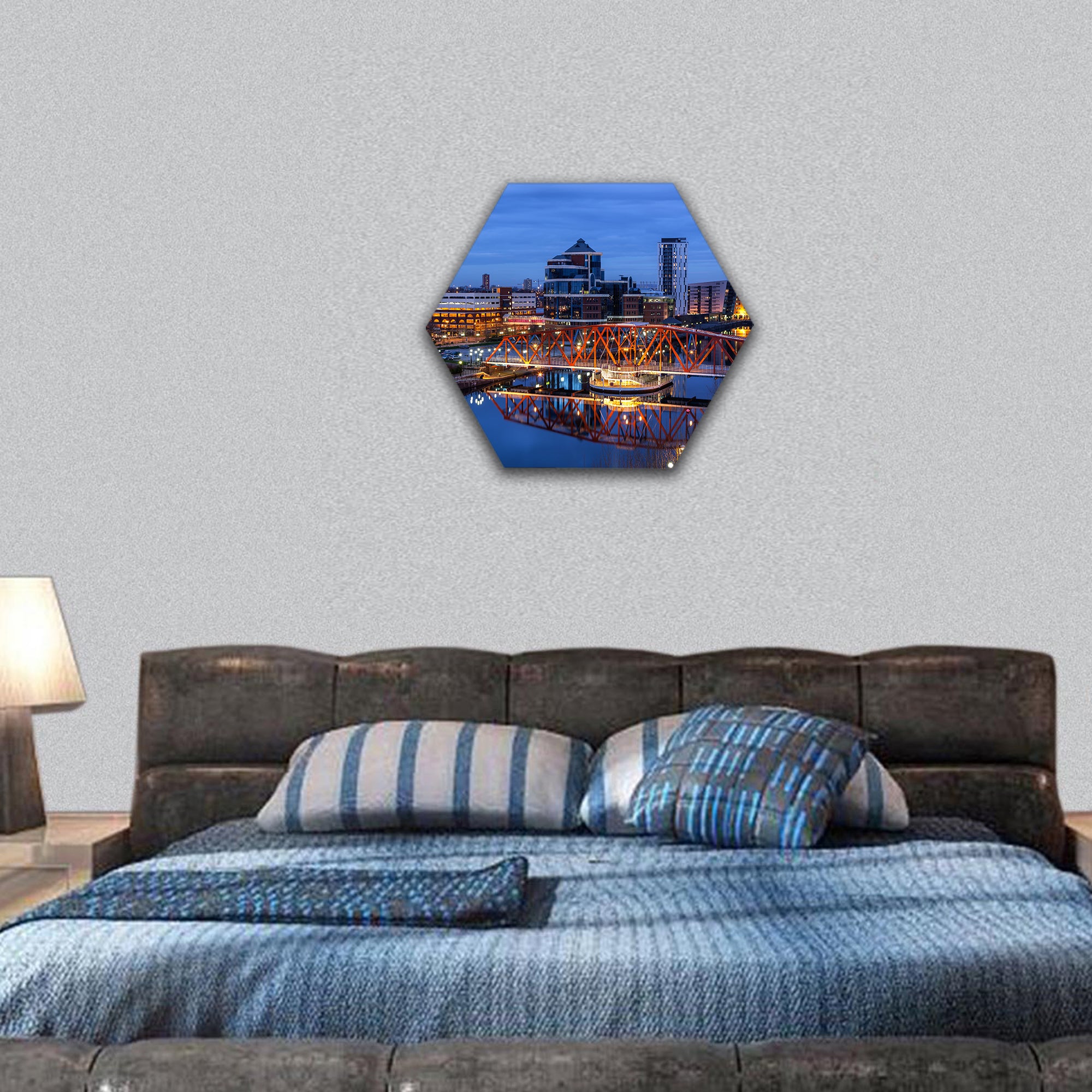 Salford Quays skyline, England hexagonal canvas wall art