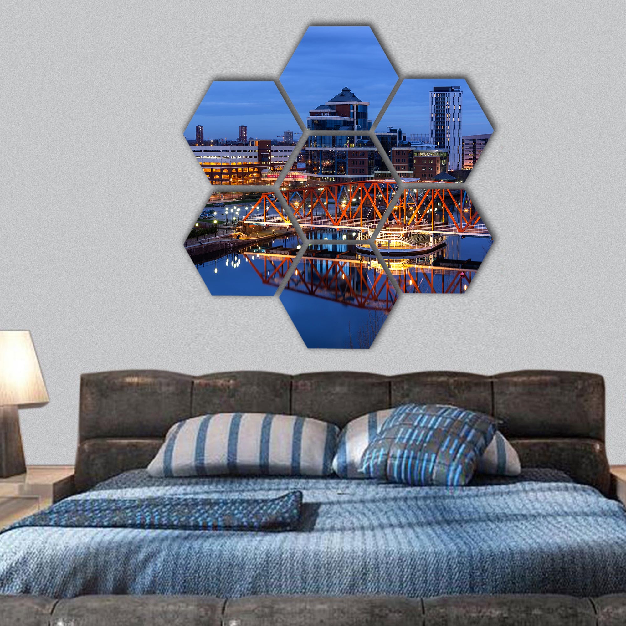 Salford Quays skyline, England hexagonal canvas wall art