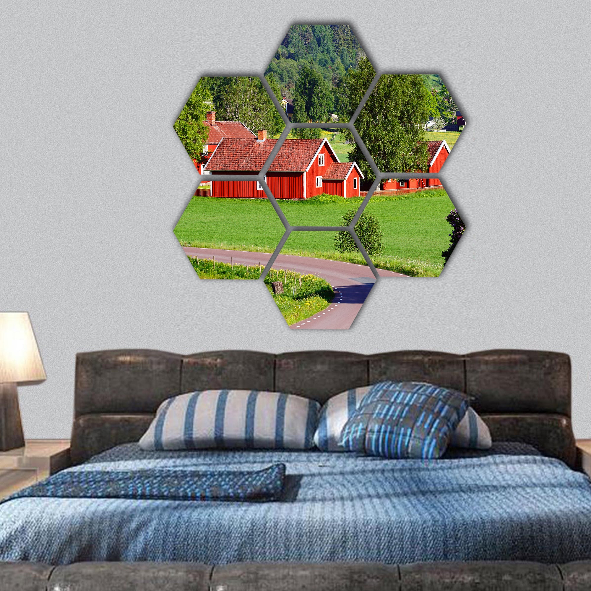 Red farm houses in a rural landscape, Sweden hexagonal canvas wall art