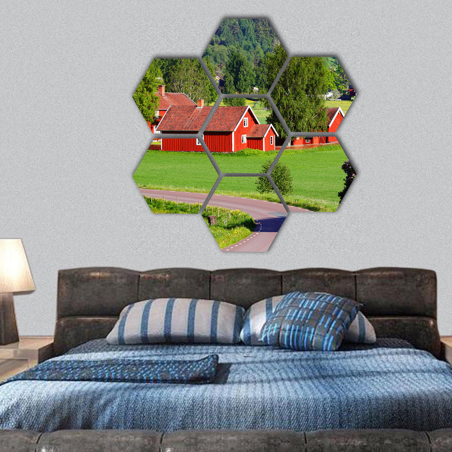 Red farm houses in a rural landscape, Sweden hexagonal canvas wall art