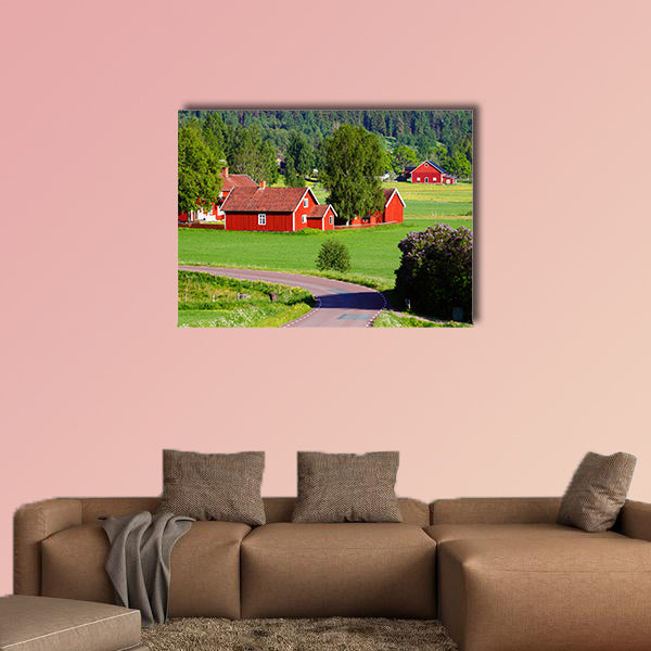 Old red farm houses in a rural landscape, Sweden multi panel canvas wall art