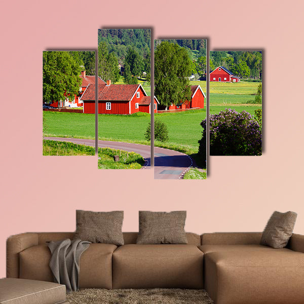Old red farm houses in a rural landscape, Sweden multi panel canvas wall art