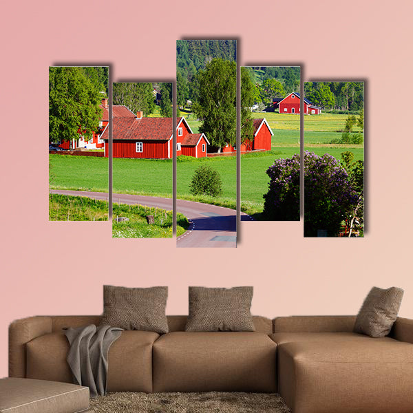 Old red farm houses in a rural landscape, Sweden multi panel canvas wall art