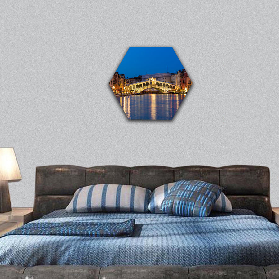 Night shot of the Rialto bridge, Venice Italy hexagonal canvas wall art