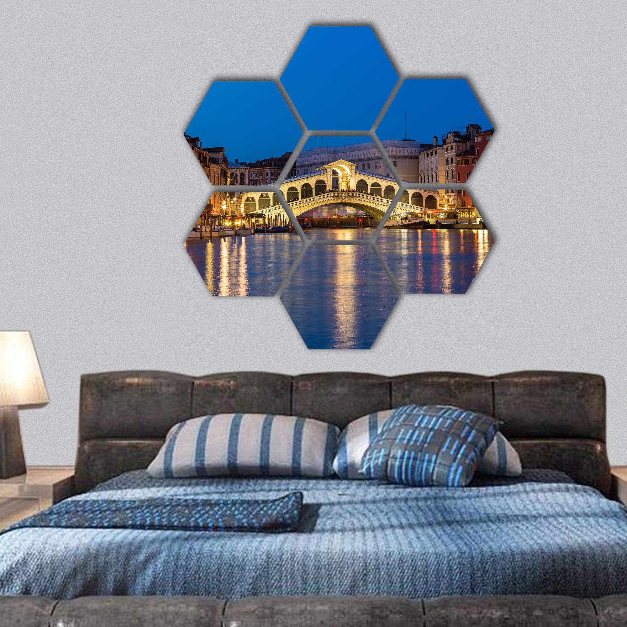 Night shot of the Rialto bridge, Venice Italy hexagonal canvas wall art