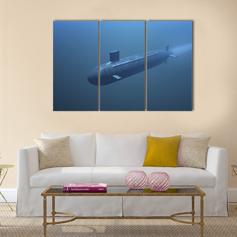 3D submarine under water front view Multi panel canvas wall art