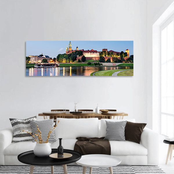Poland, Krakow, Wawel at night panoramic canvas wall art