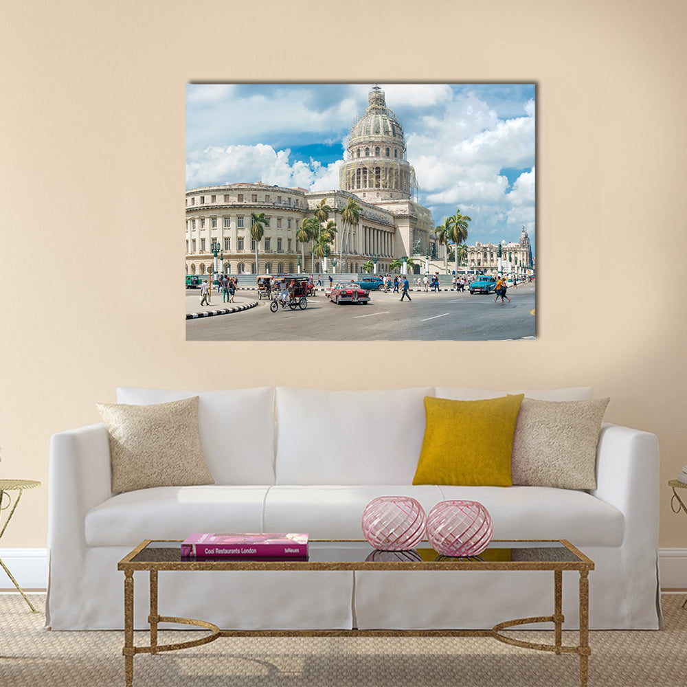 Street Scene To The Capitol Buildiing In Old Havana Multi Panel Canvas Wall Art