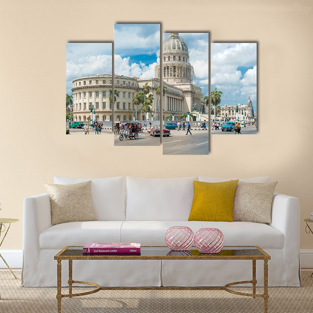 Street Scene To The Capitol Buildiing In Old Havana Multi Panel Canvas Wall Art