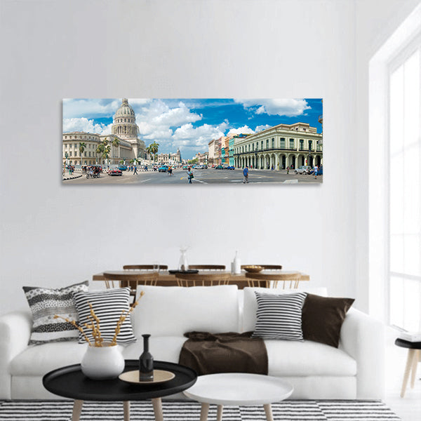 Street scene of Capitol building in Old Havana panoramic canvas wall art