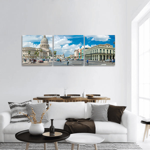Street scene of Capitol building in Old Havana panoramic canvas wall art