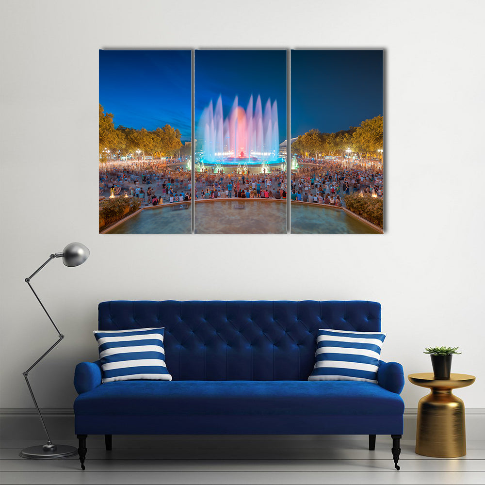 Night view of Magic Fountain in Barcelona Multi panel canvas wall art