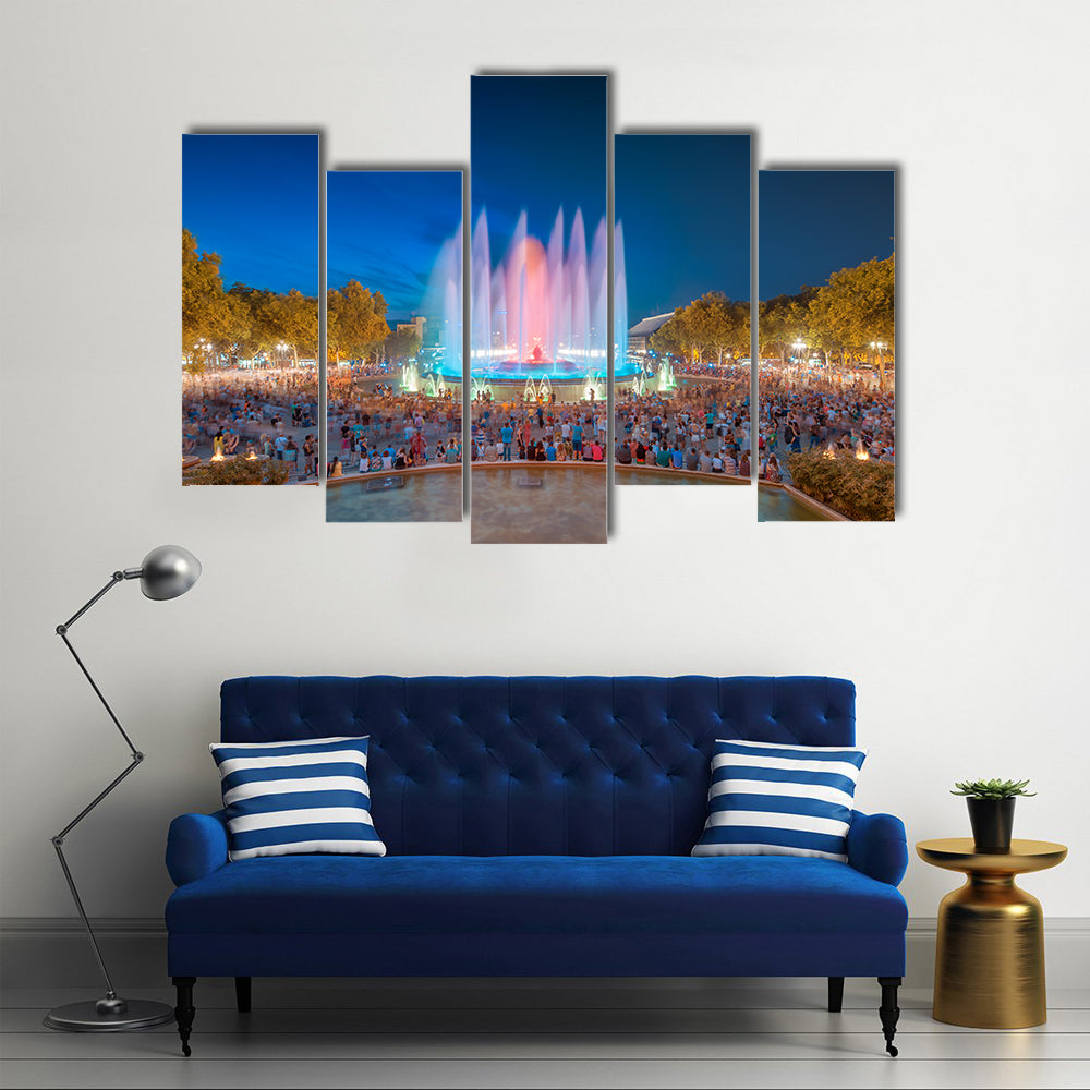 Night view of Magic Fountain in Barcelona Multi panel canvas wall art