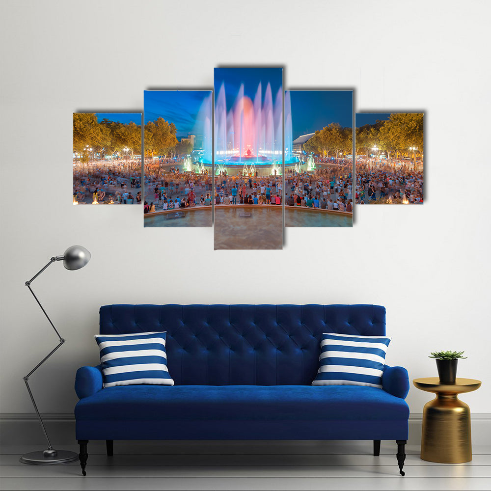 Night view of Magic Fountain in Barcelona Multi panel canvas wall art