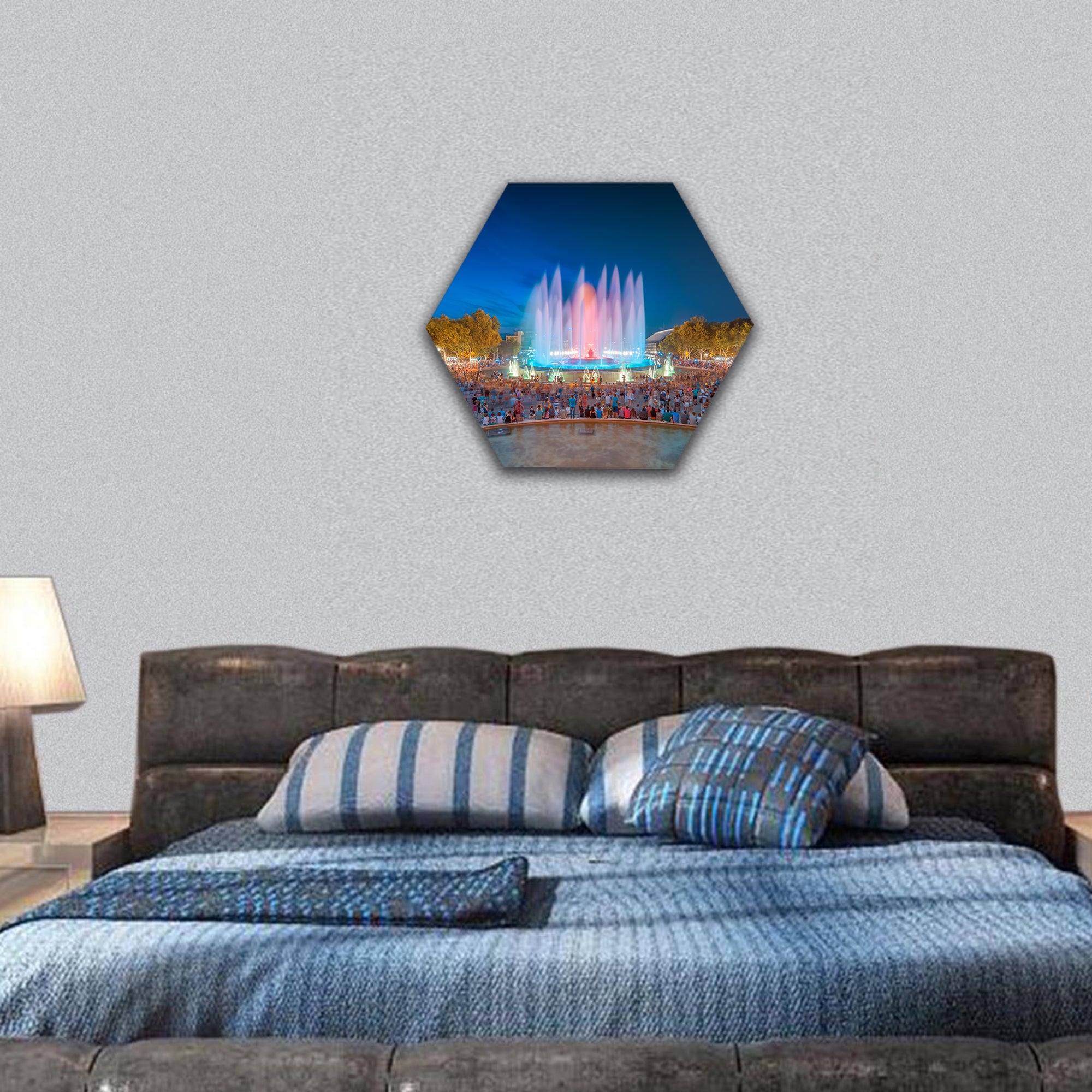 night view of Magic Fountain in Barcelona hexagonal canvas wall art