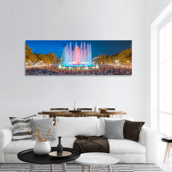 Night view of Magic Fountain in Barcelona panoramic canvas wall art