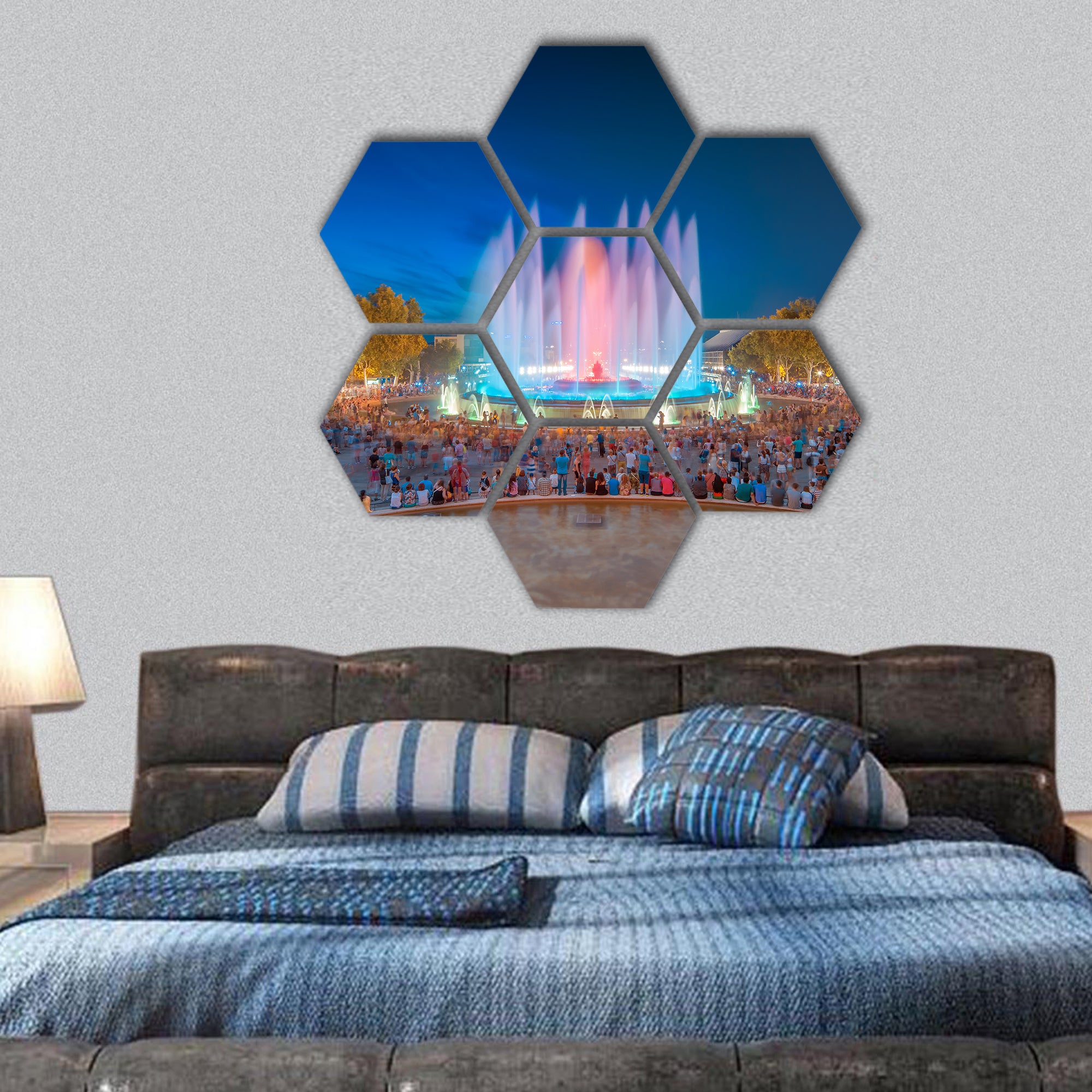 night view of Magic Fountain in Barcelona hexagonal canvas wall art